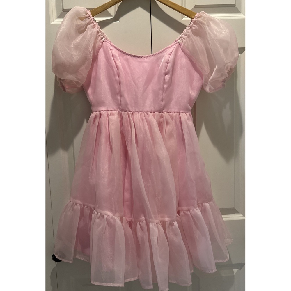 Sweet Society Hot Topic Light Pink Organza Tierd Dress Puff Sleeve Pockets SMALL